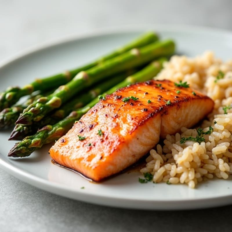 Seared Salmon with Steamed Asparagus and Brown Rice