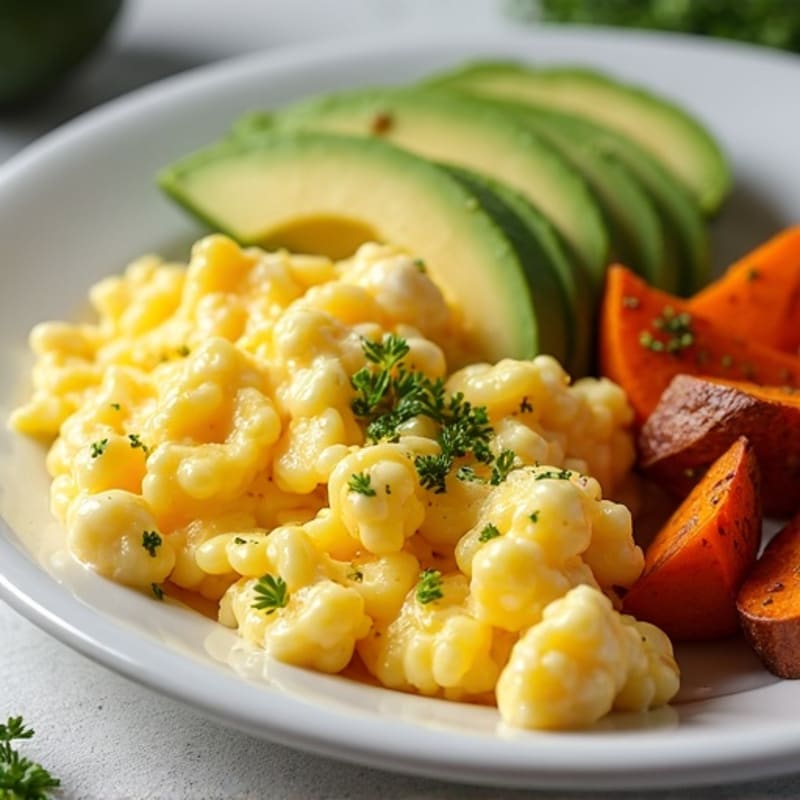 Fluffy Scrambled Eggs with Roasted Sweet Potatoes and Avocado