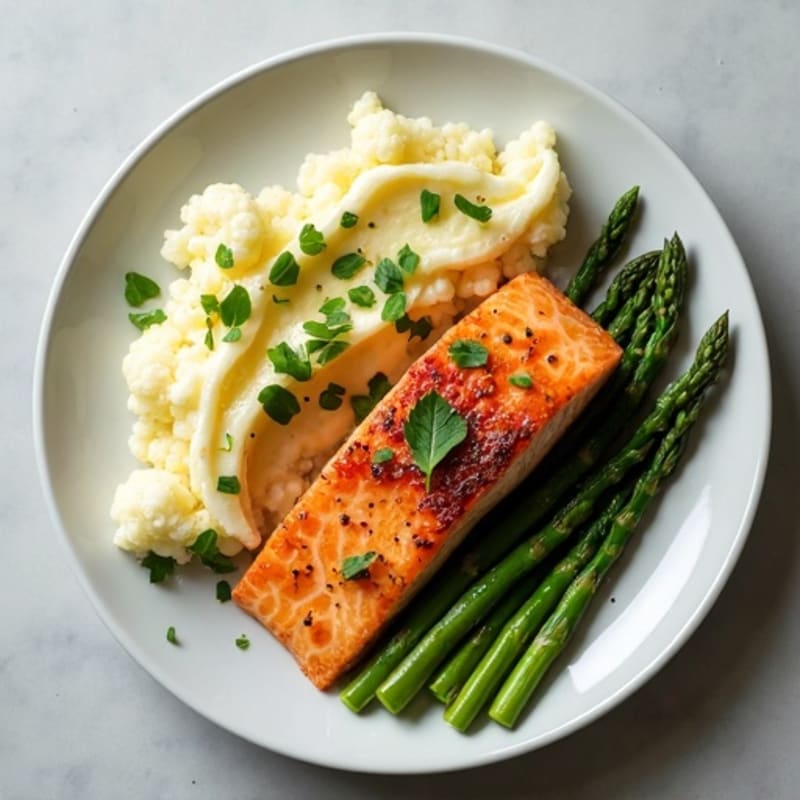 Seared Salmon with Steamed Asparagus and Garlic Mashed Cauliflower