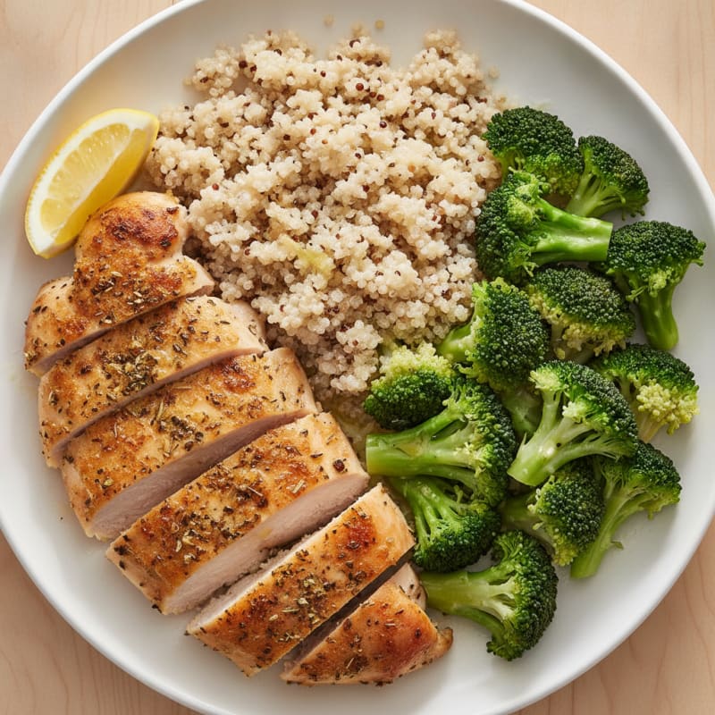 Oven-Baked Herb Chicken Breast with Steamed Broccoli and Quinoa