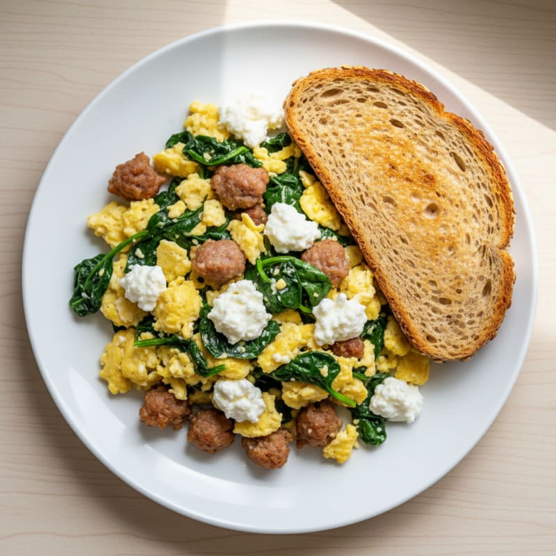 Cottage Cheese Scramble with Turkey Sausage and Spinach