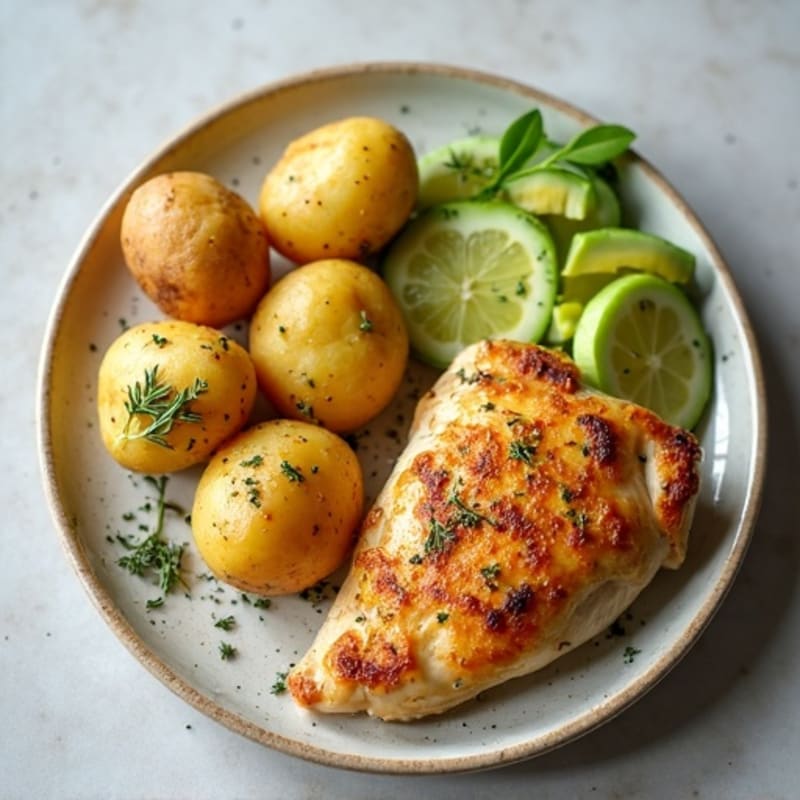 Lemon Herb Roasted Chicken with Crispy Roasted Potatoes and Creamy Avocado Cucumber Salad