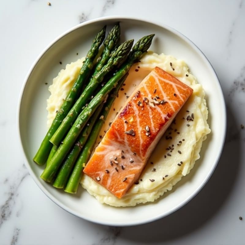Seared Salmon with Steamed Asparagus and Cauliflower Mash