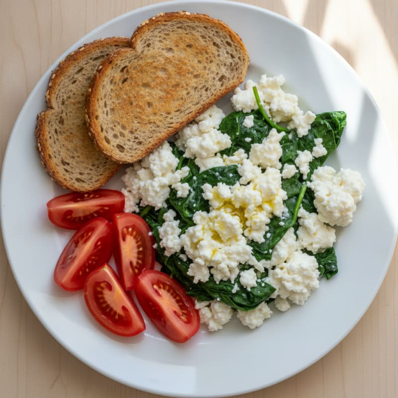Egg White Spinach Scramble with Cottage Cheese and Fresh Tomatoes