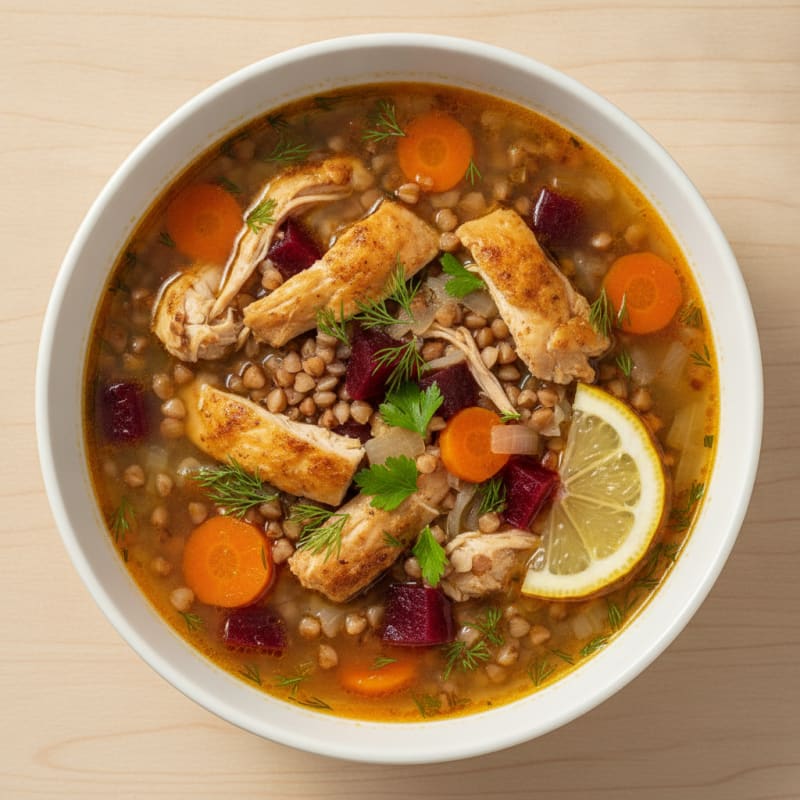 Chicken Vegetable Soup with Buckwheat and Beetroot