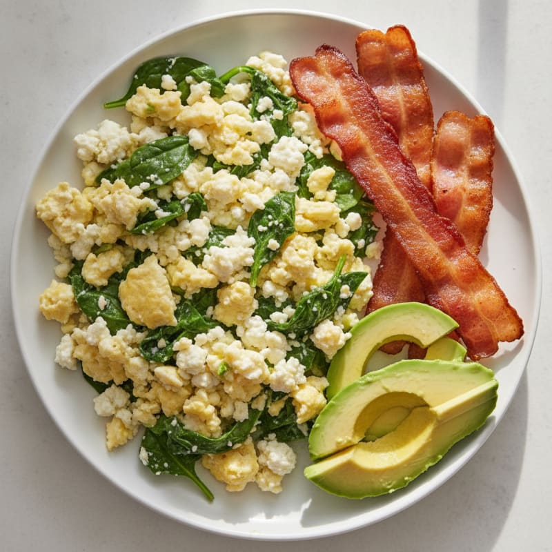 Cottage Cheese and Egg Scramble with Spinach and Turkey Bacon