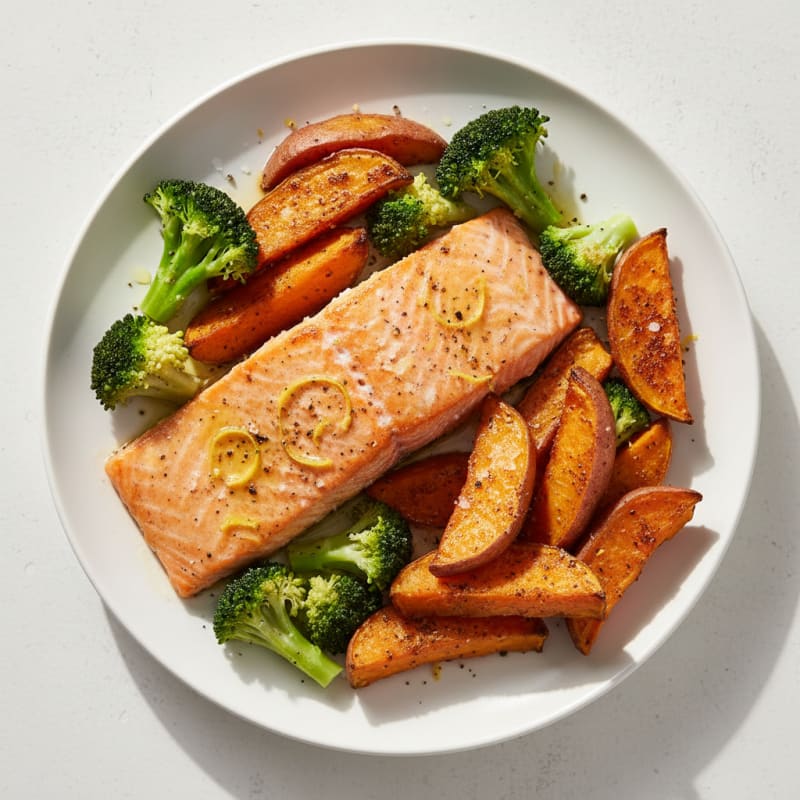 Tender Baked Salmon with Roasted Sweet Potatoes