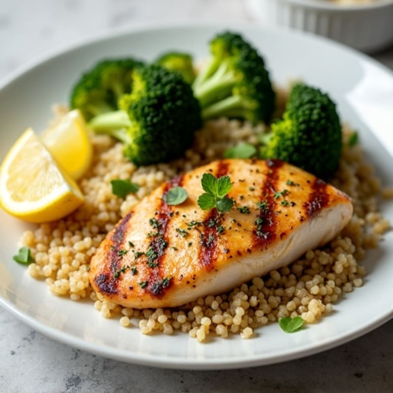 Grilled Lemon-Garlic Chicken Breast with Quinoa and Roasted Broccoli