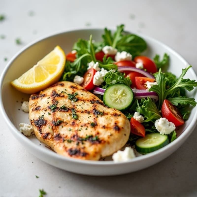Lemon Herb Grilled Chicken with Fresh Vegetable and Creamy Feta Salad