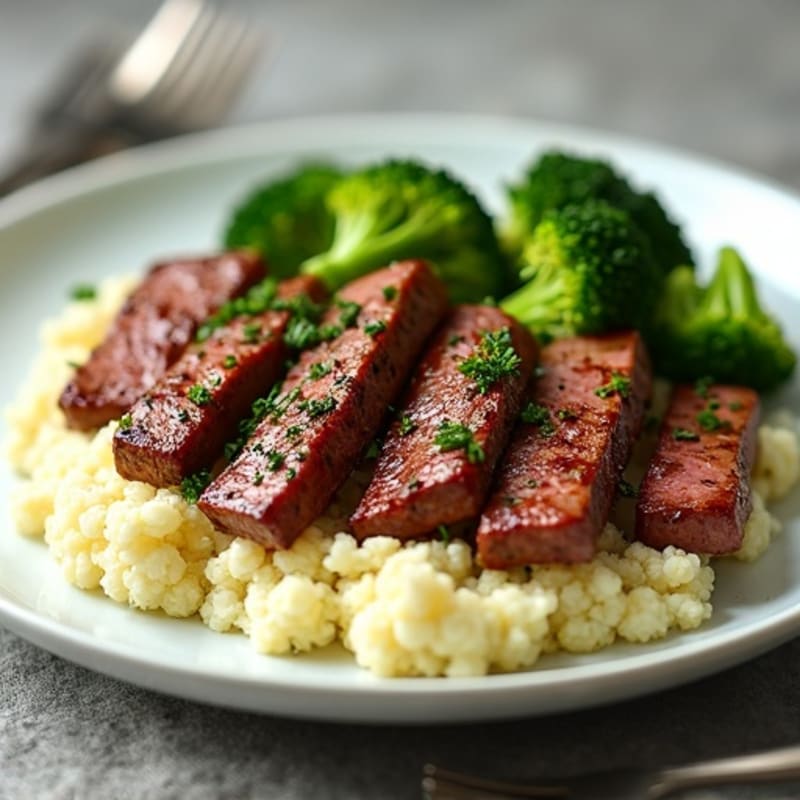 Seared Lean Beef Strips with Broccoli and Cauliflower Mash