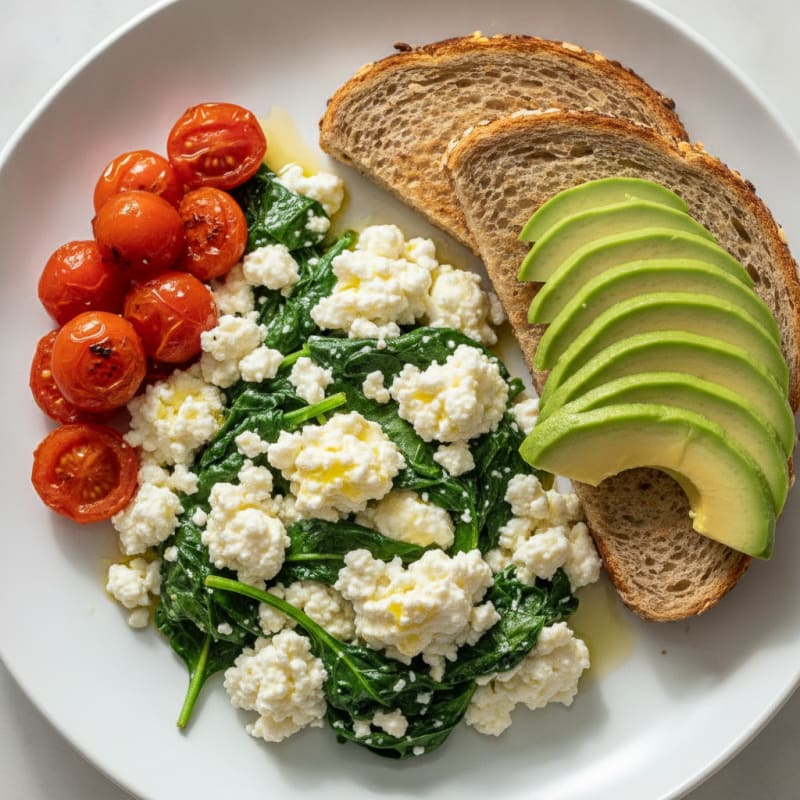 Egg White and Spinach Scramble with Cottage Cheese and Cherry Tomatoes