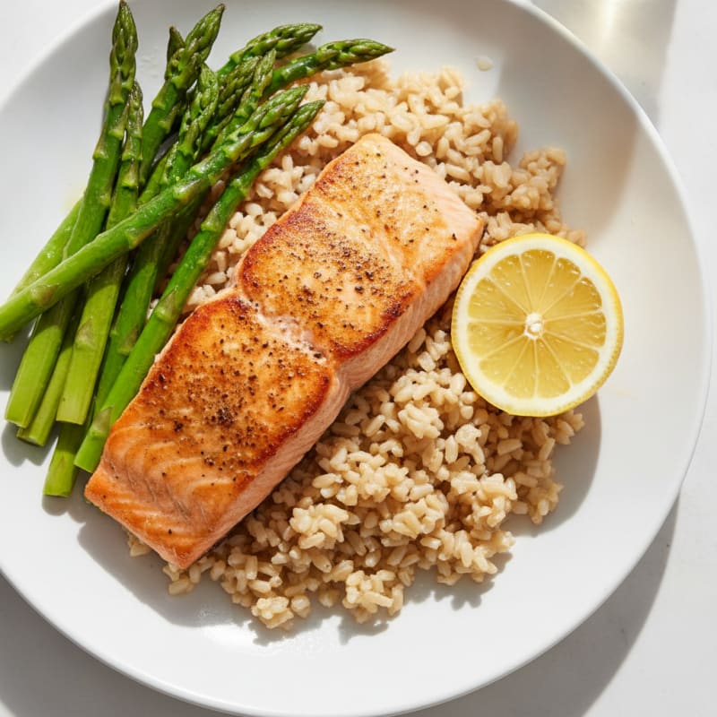 Seared Salmon Fillet with Steamed Asparagus and Brown Rice