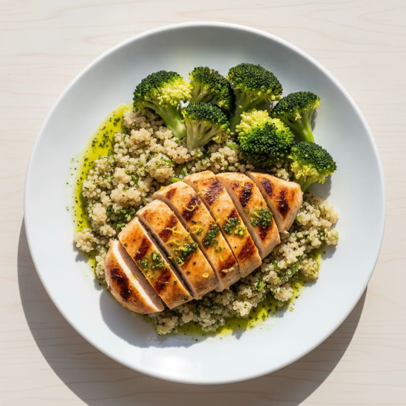Grilled Lemon Garlic Chicken Breast with Quinoa and Steamed Broccoli