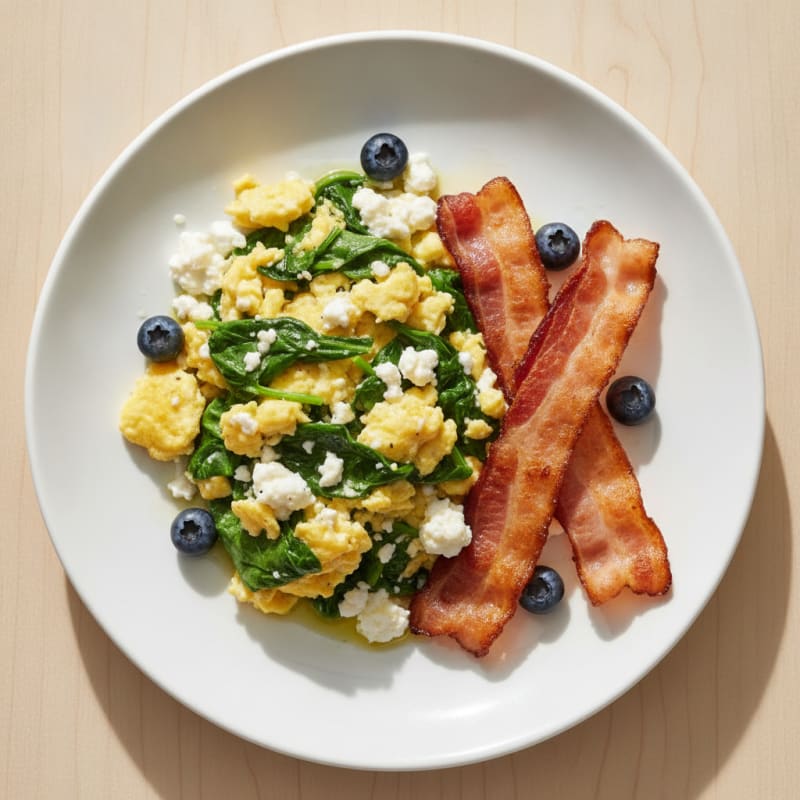 Cottage Cheese Egg Scramble with Spinach and Turkey Bacon