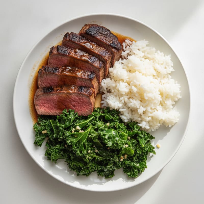 Seared Bison with Steamed Rice and Sautéed Greens