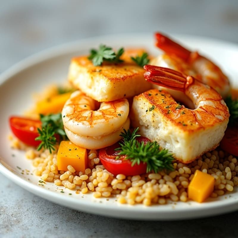 Pan-Seared Seafood with Saffron-Infused Rice and Fresh Vegetables