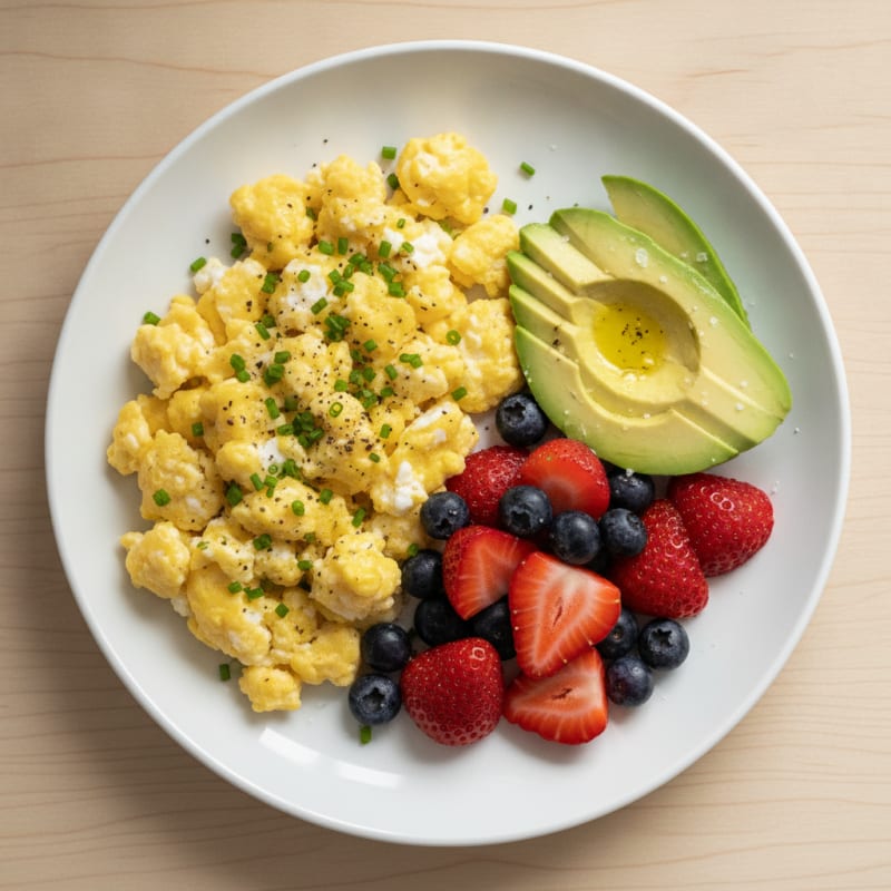 High-Protein Scrambled Eggs with Avocado and Berries