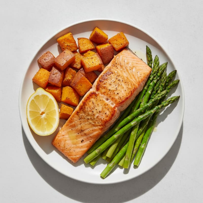 Seared Salmon Fillet with Roasted Sweet Potato and Asparagus