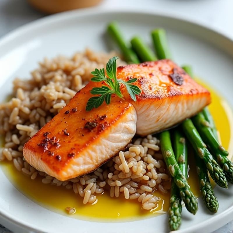 Seared Salmon with Steamed Asparagus and Brown Rice