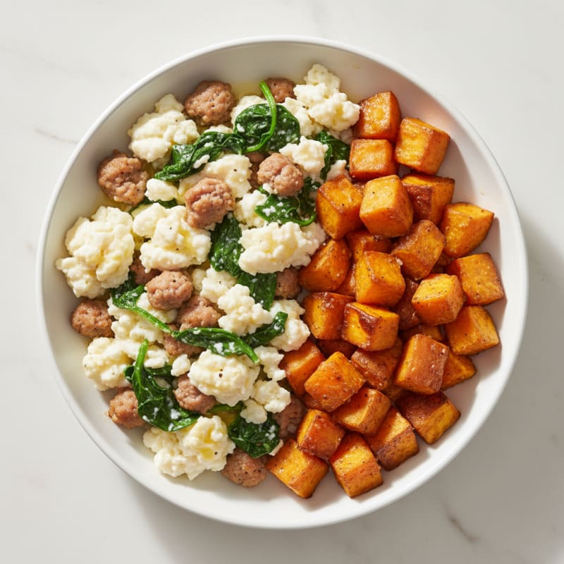 Egg White and Turkey Sausage Scramble with Spinach and Roasted Sweet Potato