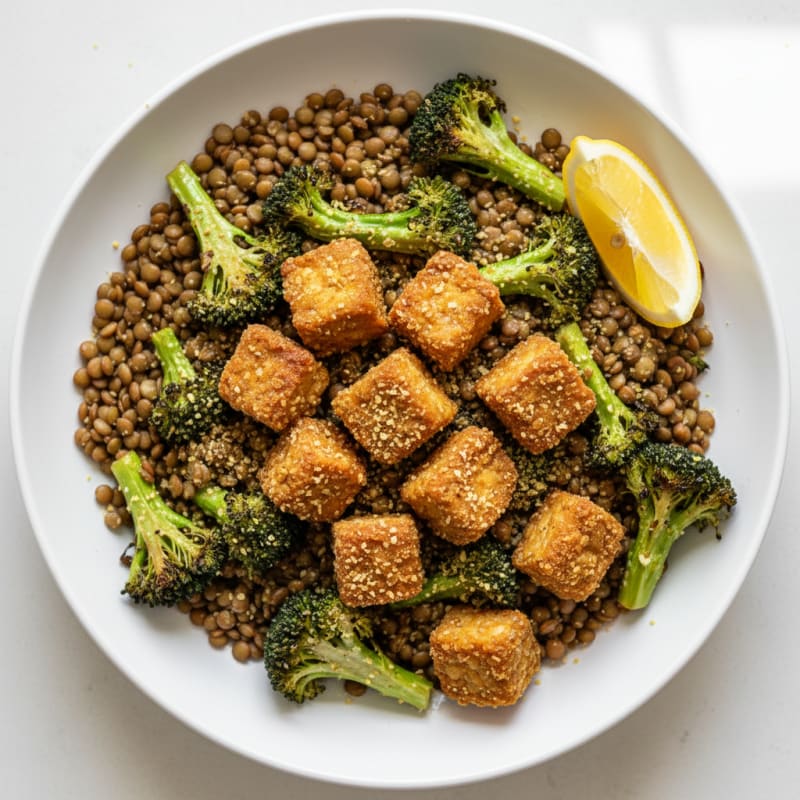 Crispy Tempeh and Lentil Power Bowl with Roasted Broccoli