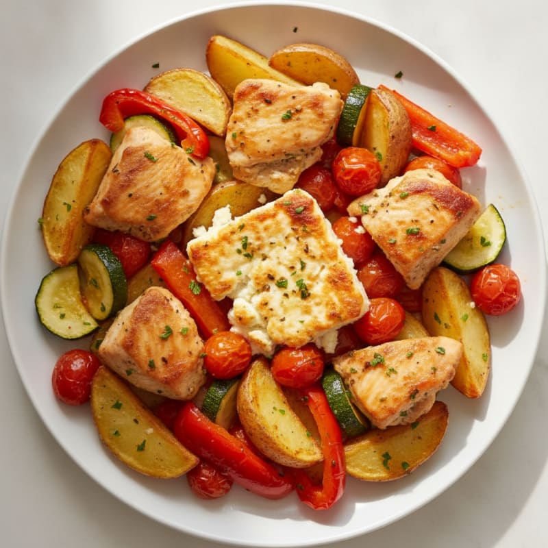 Mediterranean Baked Feta and Chicken with Roasted Root Vegetables