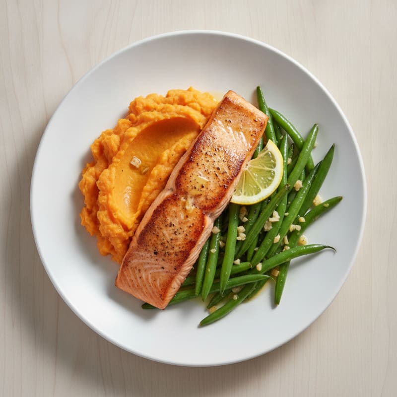 Seared Salmon with Garlic Green Beans and Sweet Potato Mash
