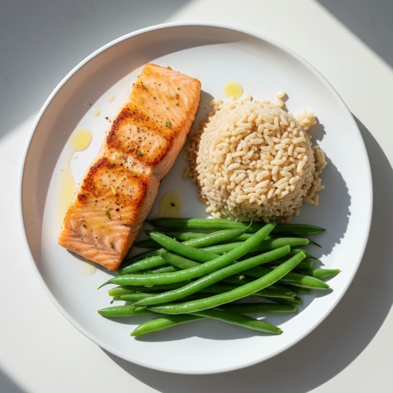 Seared Salmon Fillet with Steamed Green Beans and Brown Rice