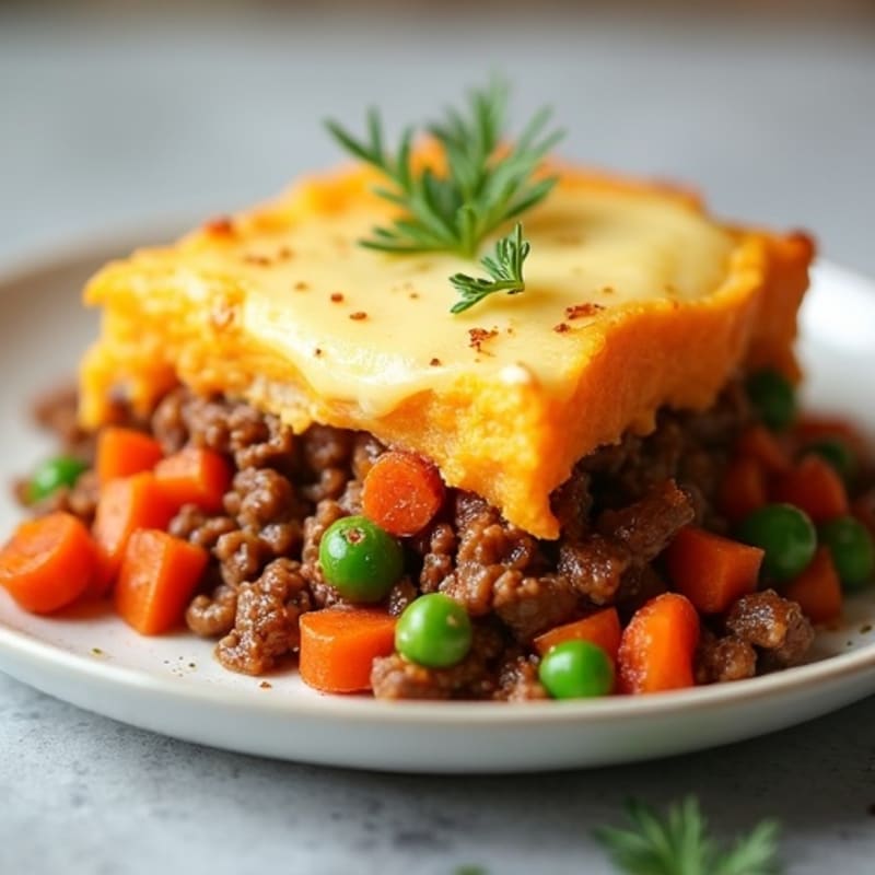 Lean Ground Beef and Vegetable Shepherd's Pie with Creamy Sweet Potato Topping