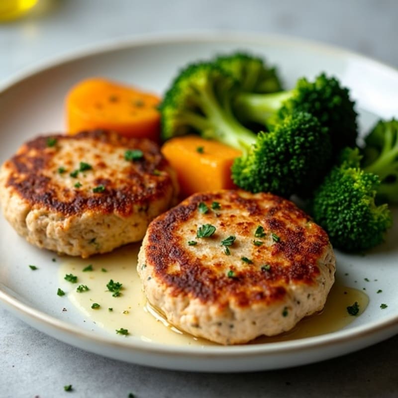 Seared Turkey Patties with Roasted Broccoli and Sweet Potato