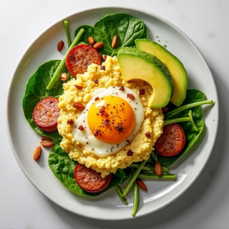 Egg White and Turkey Sausage Scramble with Spinach, Almonds, and Avocado