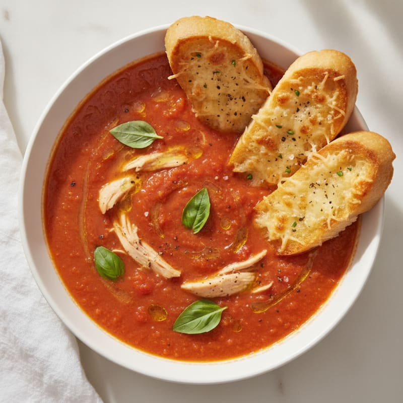 Roasted Tomato Basil Soup with Parmesan Crostini