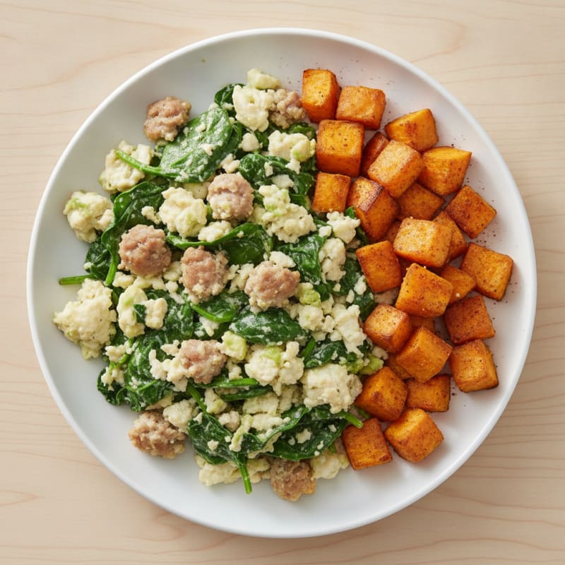 Egg White and Turkey Sausage Scramble with Spinach and Roasted Sweet Potato