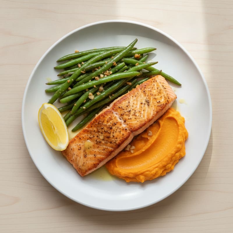 Seared Salmon with Garlic Green Beans and Sweet Potato Mash