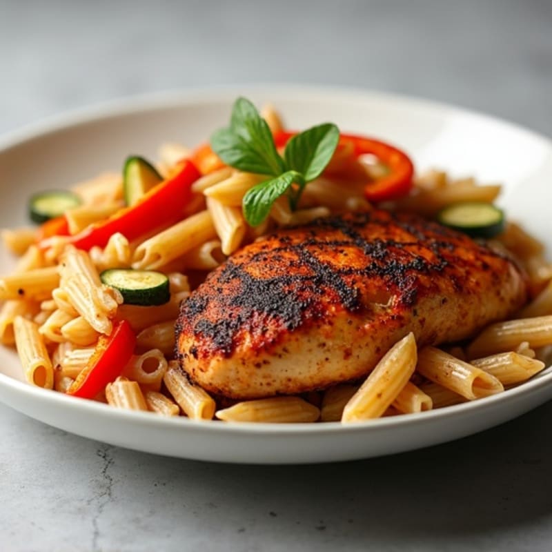 Spicy Blackened Chicken with Whole Wheat Pasta and Sautéed Vegetables
