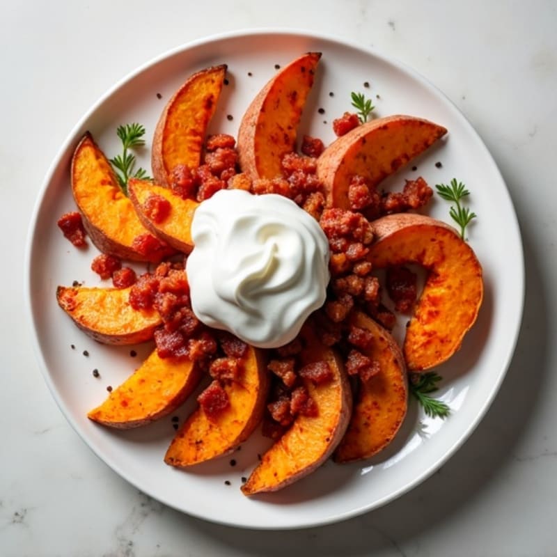 Crispy Sweet Potato Wedges with Turkey Bacon Crumbles