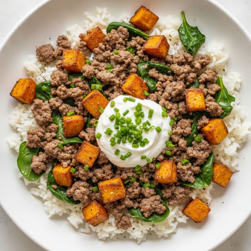 Ground Beef and Sweet Potato Rice Bowl