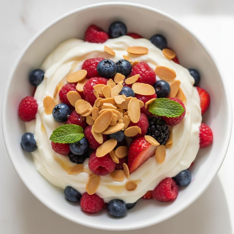 Greek Yogurt Protein Parfait with Mixed Berries and Almonds