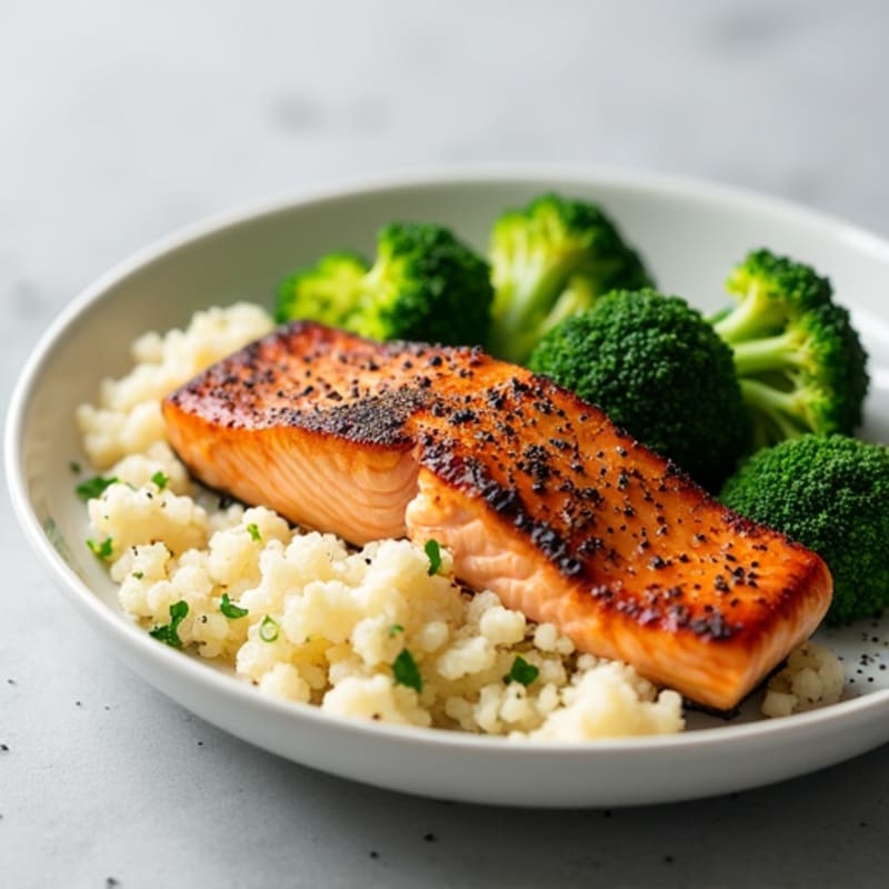 Seared Salmon with Steamed Broccoli and Cauliflower Rice