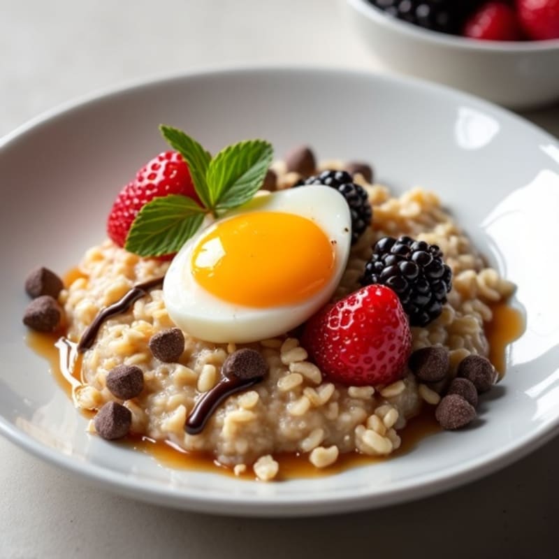 Oatmeal with Soft-Boiled Egg, Fresh Berries & Chocolate Drizzle