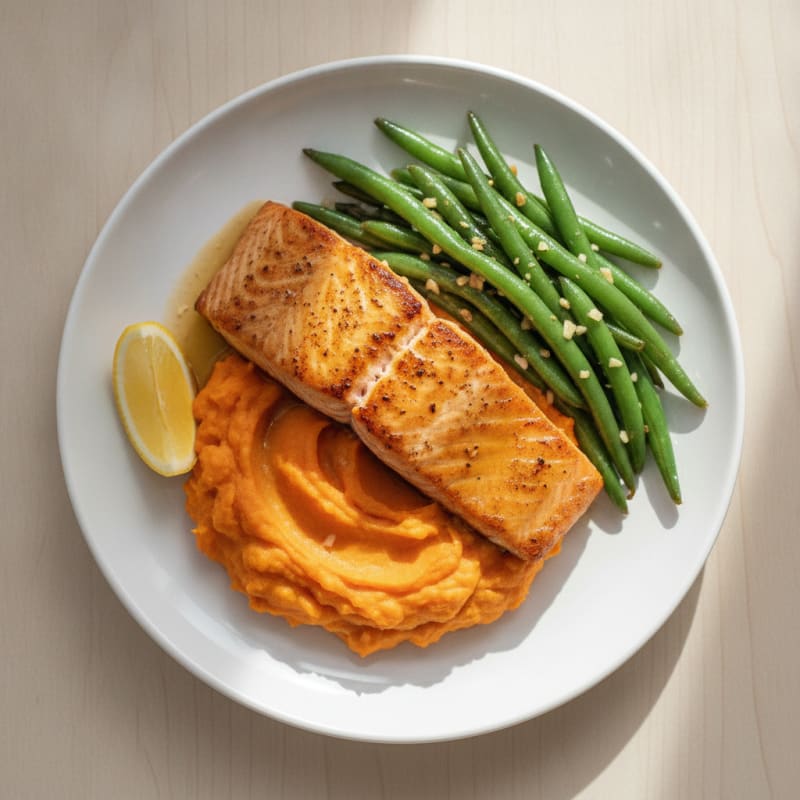 Seared Salmon Fillet with Garlic Green Beans and Mashed Sweet Potato