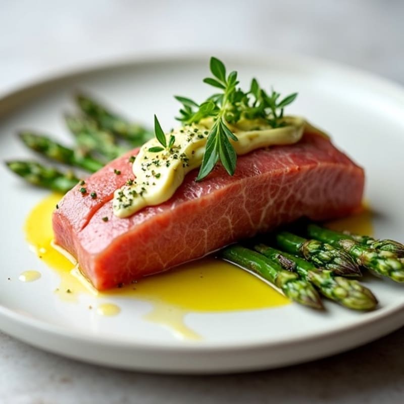 Seared Ahi Tuna with Creamy Wasabi Mayo and Roasted Asparagus