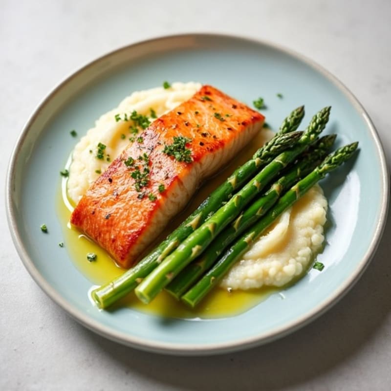 Seared Salmon with Steamed Asparagus and Cauliflower Mash
