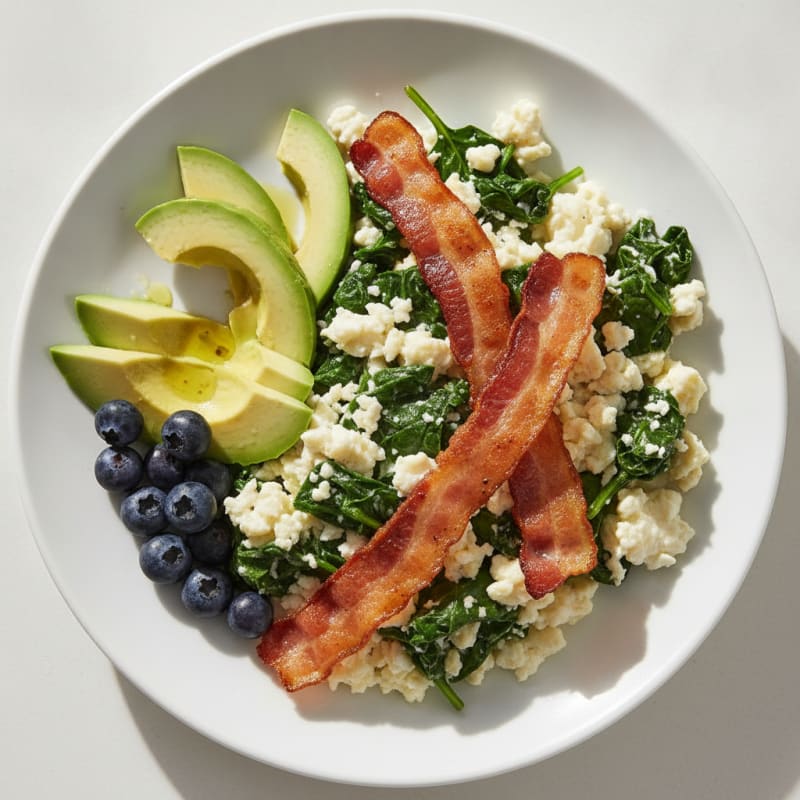 Crispy Turkey Bacon and Egg White Scramble with Sautéed Spinach