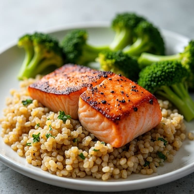 Seared Salmon with Steamed Broccoli and Garlic Quinoa