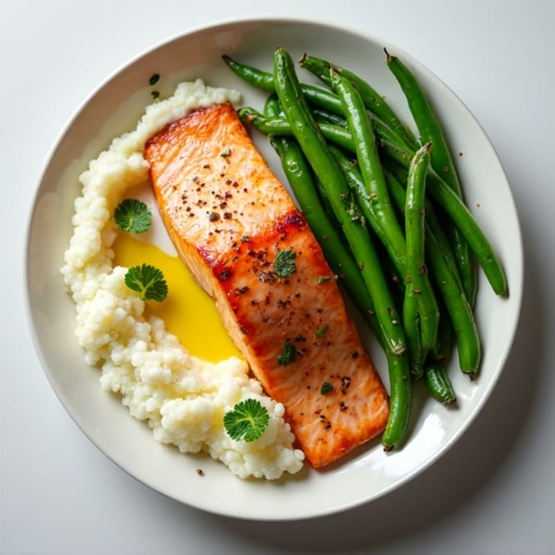Seared Salmon with Garlic Green Beans and Cauliflower Mash