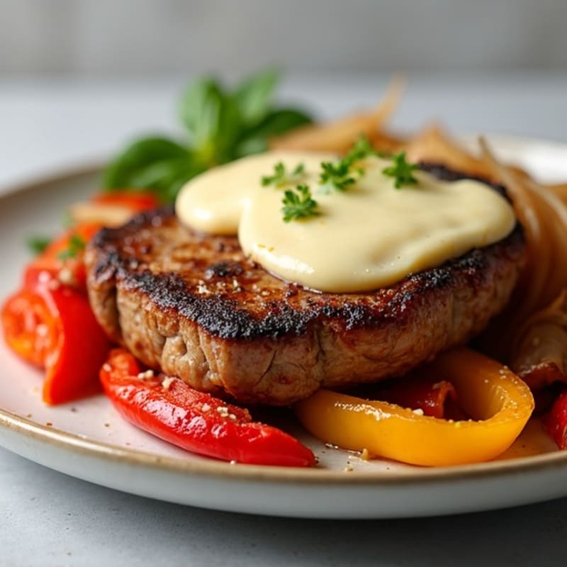 Lean Skillet-Seared Steak with Sautéed Peppers, Onions, and Creamy Provolone