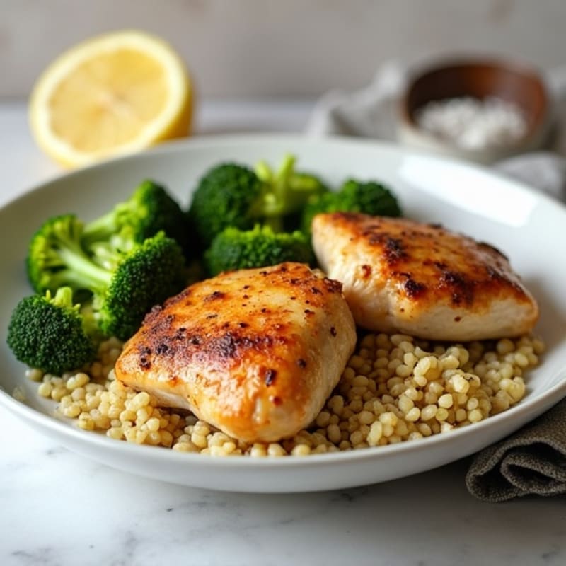 Seared Chicken Thighs with Roasted Broccoli and Quinoa