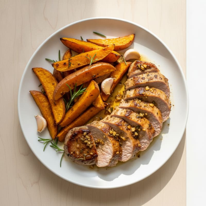 Seared Garlic Herb Pork Tenderloin with Roasted Sweet Potatoes