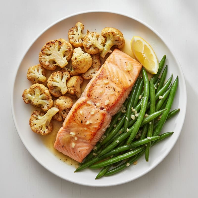 Seared Salmon with Roasted Cauliflower and Lemon-Garlic Green Beans